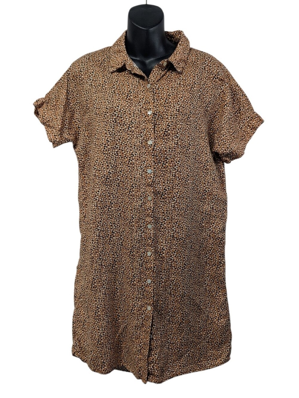 Tahari Women's M Linen Button-Front Collared Leopard Shirt Dress Knee-Length